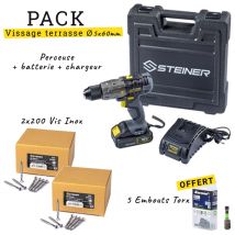 Steiner - Pack Perceuse Sans Fil 18v + 2 Boîtes 200 Vis Inox 5x60mm + 5 Embouts Torx T25 25mm