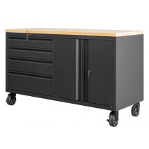 Établi D'atelier Mobile Sur Roues Avec Rangements Intégrés L 160 X H 94 X P 60.5cm Feroce - Châssis métallique / Plateau en bois d'Hévéa lamellé collé