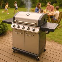 Roster - Barbecue Gaz Triple Grille 6 Brûleurs (5+1 Latéral) - Grille Fonte émaillée mate pour plus de résistance dans le temps