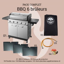 Roster - Pack Complet Bbq Gaz 6 Brûleurs Triple Grille Ou Triple Plancha + Housse + Détendeur + Flexible