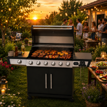 Roster - Barbecue Gaz 7 Brûleurs Dont 1 Latéral Avec Planchas Et Grilles De Cuisson Combinées - Grille et plancha en fonte émaillée à cœur, mate pour