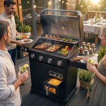 Roster - Barbecue Gaz 5 Brûleurs + Air Fryer 6l 1700w - Bbq Plancha Et Grilles De Cuisson Combinées - Grille et plancha en fonte émaillée à cœur,