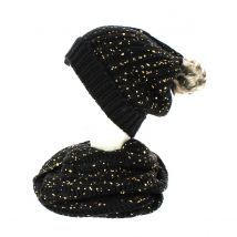 Bonnet pompon/snood noir pailleté or TRACLET