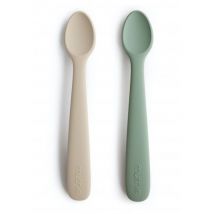 Mushie - Set van 2 siliconen lepeltjes - Cambridge blue & Shifting sand