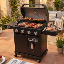 Roster - Barbecue Gaz 5 Brûleurs + Air Fryer 6l 1700w - Bbq Plancha Et Grilles De Cuisson Combinées - Grille et plancha en fonte émaillée à cœur,