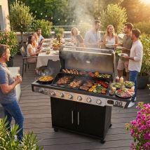 Roster - Barbecue Gaz 7 Brûleurs Dont 1 Latéral Avec Planchas Et Grilles De Cuisson Combinées - Grille et plancha en fonte émaillée à cœur, mate pour