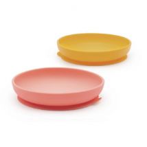 Ekobo - 2 siliconen borden met hoge rand en zuignap - Coral / Mimosa