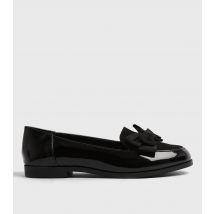 Women's Black Patent Bow Front Loafers Vegan New Look