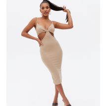 Women's Stone Ribbed Cut Out Midi Bodycon Dress Pink Vanilla New Look
