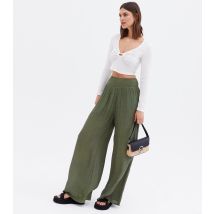 Women's Khaki Shirred High Waist Wide Leg Trousers Blue Vanilla New Look