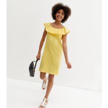 Pale Yellow Ribbed Frill Bardot Dress KIDS ONLY New Look