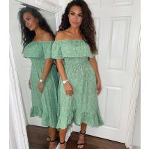 Women's Green Floral Frill Bardot Midi Dress AX Paris New Look