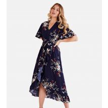Women's Navy Floral Dip Hem Frill Midi Wrap Dress Mela New Look