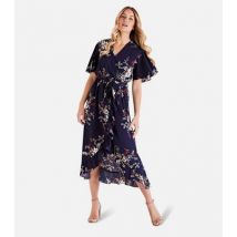 Mela Navy Floral Dip Hem Frill Midi Wrap Dress New Look