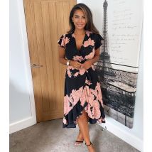 Women's Black Floral Ruffle Midi Wrap Dress AX Paris New Look