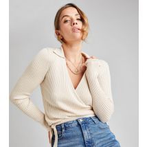 Women's Cream Ribbed Knit Collared Wrap Cardigan Urban Bliss New Look