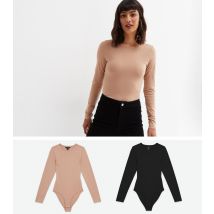 Women's 2 Pack Light Brown and Black Long Sleeve Bodysuits New Look