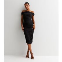 Women's Black Mesh Bardot Ruched Midi Bodycon Dress Little Mistress New Look