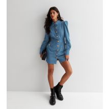 Women's Blue Cord Long Sleeve Button Front Mini Shirt Dress Gini London New Look