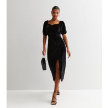 Women's Black Velvet Sweetheart Short Puff Sleeve Midi Dress Gini London New Look