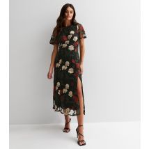 Women's Black Floral Embroidered Flutter Sleeve Midi Dress Gini London New Look
