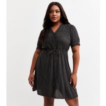 Women's Plus Size Black Denim V Neck Short Sleeve Front Tie Mini Dress Curves New Look