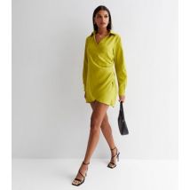 Public Desire Light Green Satin Collared Long Sleeve Mini Wrap Dress New Look