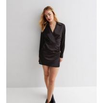 Cameo Rose Black Satin Long Sleeve Mini Shirt Dress New Look