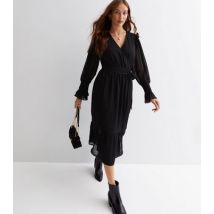 Influence Black Chiffon Long Sleeve Frill Midi Wrap Dress New Look