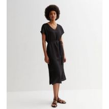 VILA Black Satin V Neck Tie Waist Midi Dress New Look