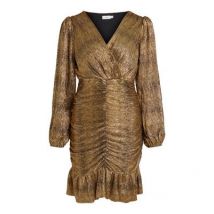 VILA Gold V Neck Long Puff Sleeve Frill Hem Mini Dress New Look