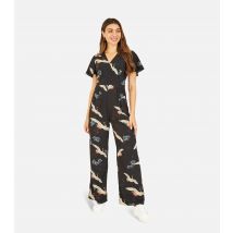Women's Black Crane Print Belted Wide Leg Wrap Jumpsuit Yumi New Look