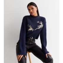 Women's Navy Fluffy Sequin Reindeer Jumper Sunshine Soul New Look