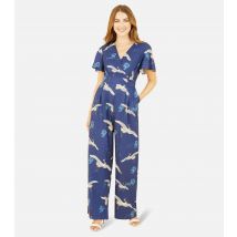 Women's Navy Crane Print Wide Leg Wrap Jumpsuit Yumi New Look