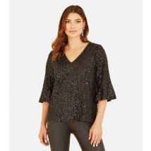 Women's Black Sequin Flared Sleeve Top Yumi New Look