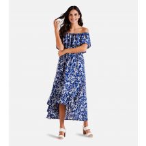 Women's Blue Floral Bardot Dip Hem Midi Dress Mela New Look