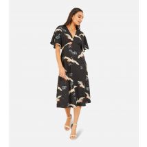 Women's Black Bird Print V Neck Kimono Midi Dress Yumi New Look