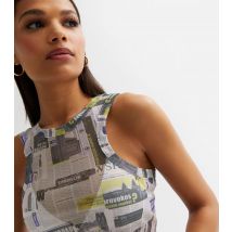 Women's Off White Newspaper Mesh Racer Vest Noisy May New Look