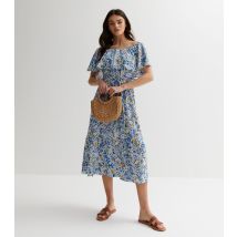 Women's Blue Floral Bardot Ruffle Midi Dress Blue Vanilla New Look