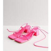 Women's Bright Pink Tie Strappy Mid Block Heel Sandals Public Desire New Look