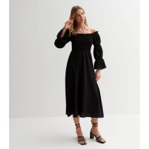 Gini London Black Shirred Frill Tiered Bardot Midi Dress New Look