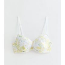 Yellow Floral Print Satin Lace Trim Push Up Bra New Look
