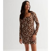 Influence Brown Floral Spot Long Sleeve Bodycon Mini Dress New Look