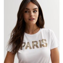 Women's White Diamanté Paris Logo T-Shirt Pink Vanilla New Look
