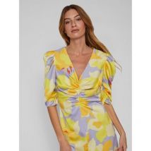 VILA Yellow Floral Ruched Midi Dress New Look