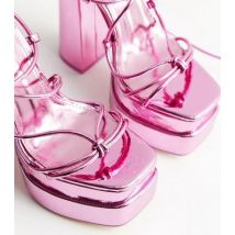 Public Desire Mid Pink Metallic Platform Block Heel Sandals New Look