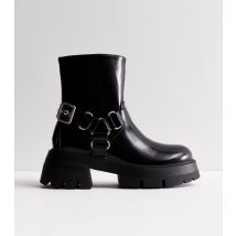 Women's Black Leather-Look Chunky Biker Boots Public Desire New Look