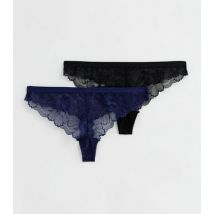 2 Pack Black and Indigo Lace Thongs New Look