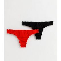 2 Pack Red and Black Ribbed Lettuce Hem Thongs New Look