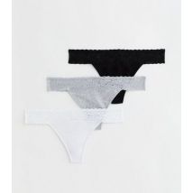 3 Pack Black Grey and White Lace Trim Thongs New Look